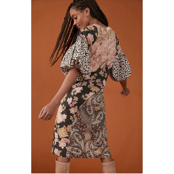 Anthropologie Kachel Dress Midi Evangeline Floral Cotton Puff Sleeve Sz 4 New - Picture 3 of 11